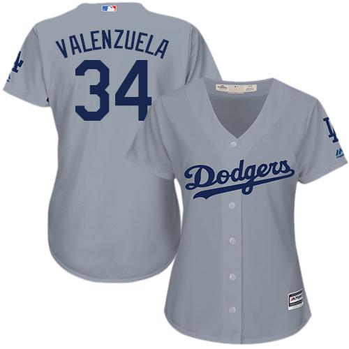 Dodgers #34 Fernando Valenzuela Grey Alternate Road Women's Stitched MLB Jersey